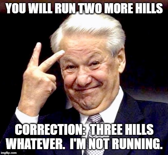 tough running route with hills | YOU WILL RUN TWO MORE HILLS; CORRECTION:  THREE HILLS
WHATEVER.  I'M NOT RUNNING. | image tagged in running hills | made w/ Imgflip meme maker