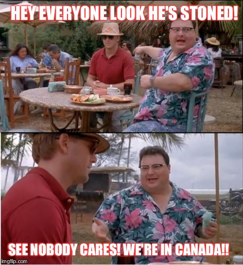 See Nobody Cares | HEY EVERYONE LOOK HE'S STONED! SEE NOBODY CARES! WE'RE IN CANADA!! | image tagged in memes,see nobody cares | made w/ Imgflip meme maker