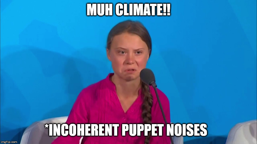 "How dare you?" - Greta Thunberg | MUH CLIMATE!! *INCOHERENT PUPPET NOISES | image tagged in how dare you - greta thunberg | made w/ Imgflip meme maker