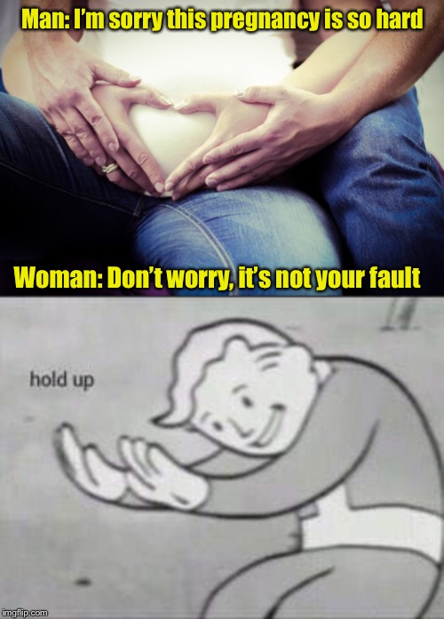 Confession? |  Man: I’m sorry this pregnancy is so hard; Woman: Don’t worry, it’s not your fault | image tagged in pregnant belly,fallout hold up,confession | made w/ Imgflip meme maker