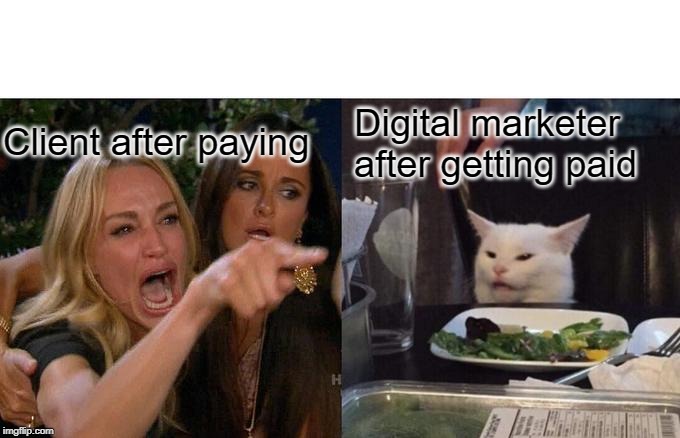 Woman Yelling At Cat | Client after paying; Digital marketer after getting paid | image tagged in memes,woman yelling at cat | made w/ Imgflip meme maker
