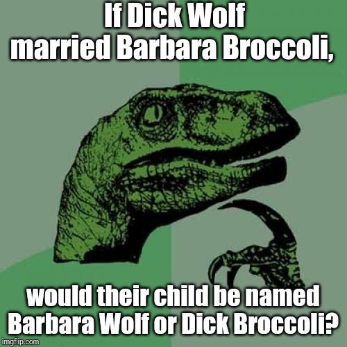 Philosoraptor | If Dick Wolf married Barbara Broccoli, would their child be named Barbara Wolf or Dick Broccoli? | image tagged in memes,philosoraptor | made w/ Imgflip meme maker