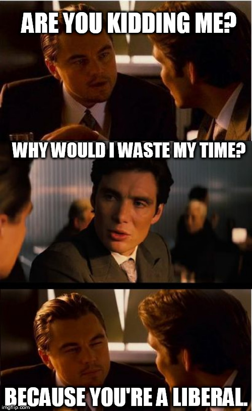 Dumbasses | ARE YOU KIDDING ME? WHY WOULD I WASTE MY TIME? BECAUSE YOU'RE A LIBERAL. | image tagged in memes,inception,libs,duhhh dumbass,moron alert | made w/ Imgflip meme maker