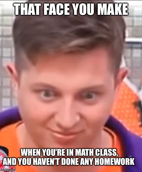 THAT FACE YOU MAKE; WHEN YOU’RE IN MATH CLASS, AND YOU HAVEN’T DONE ANY HOMEWORK | image tagged in math,relatable,school | made w/ Imgflip meme maker