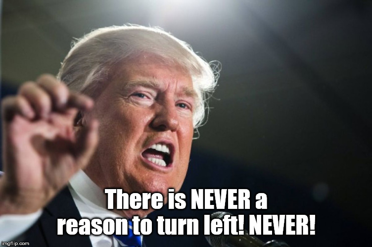 donald trump | There is NEVER a reason to turn left! NEVER! | image tagged in donald trump | made w/ Imgflip meme maker