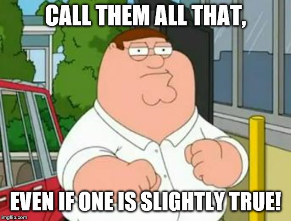 roadhouse peter griffin | CALL THEM ALL THAT, EVEN IF ONE IS SLIGHTLY TRUE! | image tagged in roadhouse peter griffin | made w/ Imgflip meme maker