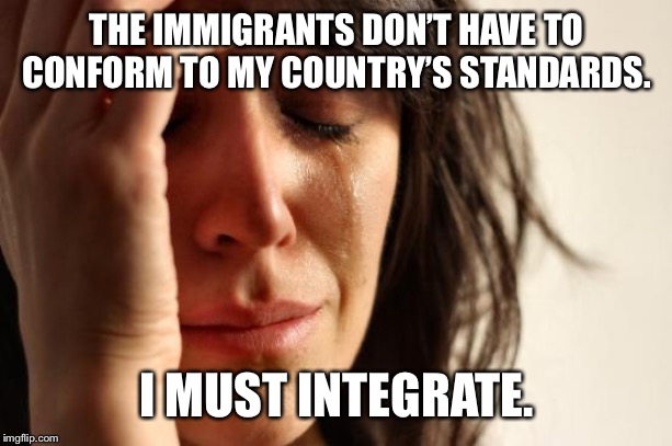 First World Problems Meme | THE IMMIGRANTS DON’T HAVE TO CONFORM TO MY COUNTRY’S STANDARDS. I MUST INTEGRATE. | image tagged in memes,first world problems | made w/ Imgflip meme maker