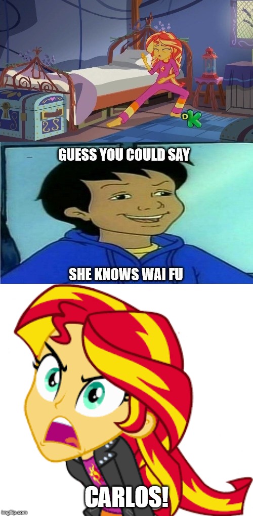 CARLOS! | image tagged in equestria girls,sunset shimmer,carlos,magic school bus | made w/ Imgflip meme maker