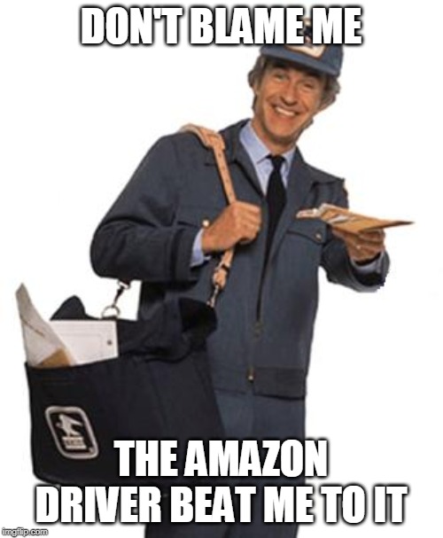 Mailman | DON'T BLAME ME THE AMAZON DRIVER BEAT ME TO IT | image tagged in mailman | made w/ Imgflip meme maker