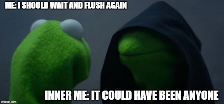 Evil Kermit | ME: I SHOULD WAIT AND FLUSH AGAIN; INNER ME: IT COULD HAVE BEEN ANYONE | image tagged in memes,evil kermit | made w/ Imgflip meme maker