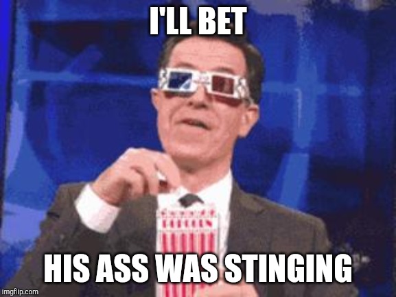 colbert popcorn | I'LL BET HIS ASS WAS STINGING | image tagged in colbert popcorn | made w/ Imgflip meme maker