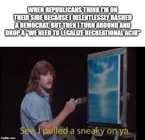 I pulled a sneaky | WHEN REPUBLICANS THINK I'M ON THEIR SIDE BECAUSE I RELENTLESSLY BASHED A DEMOCRAT, BUT THEN I TURN AROUND AND DROP A "WE NEED TO LEGALIZE RECREATIONAL ACID" | image tagged in i pulled a sneaky | made w/ Imgflip meme maker