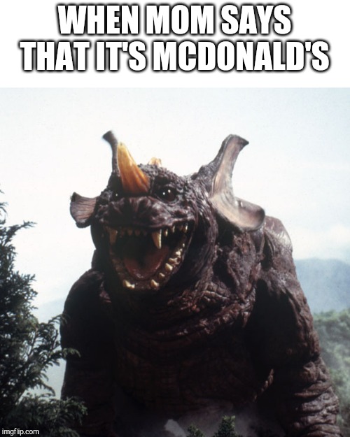 Happy Baragon | WHEN MOM SAYS THAT IT'S MCDONALD'S | image tagged in happy baragon | made w/ Imgflip meme maker