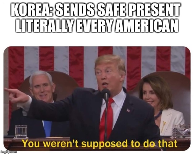 You weren't supposed to do that | KOREA: SENDS SAFE PRESENT 
LITERALLY EVERY AMERICAN | image tagged in you weren't supposed to do that | made w/ Imgflip meme maker