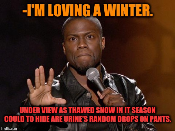 -Serious trouble when you adult pee dealing. | -I'M LOVING A WINTER. UNDER VIEW AS THAWED SNOW IN IT SEASON COULD TO HIDE ARE URINE'S RANDOM DROPS ON PANTS. | image tagged in kevin hart,urinal,drop,pants,winter is here,equality | made w/ Imgflip meme maker