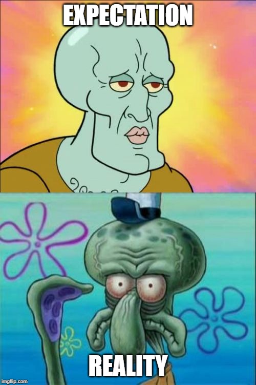 Squidward | EXPECTATION; REALITY | image tagged in memes,squidward | made w/ Imgflip meme maker