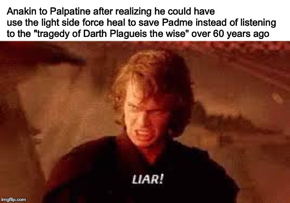 Anakin Liar | Anakin to Palpatine after realizing he could have use the light side force heal to save Padme instead of listening to the "tragedy of Darth Plagueis the wise" over 60 years ago | image tagged in anakin liar | made w/ Imgflip meme maker