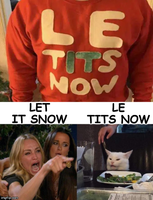 It is nice either way | LE TITS NOW; LET IT SNOW | image tagged in memes,woman yelling at cat | made w/ Imgflip meme maker