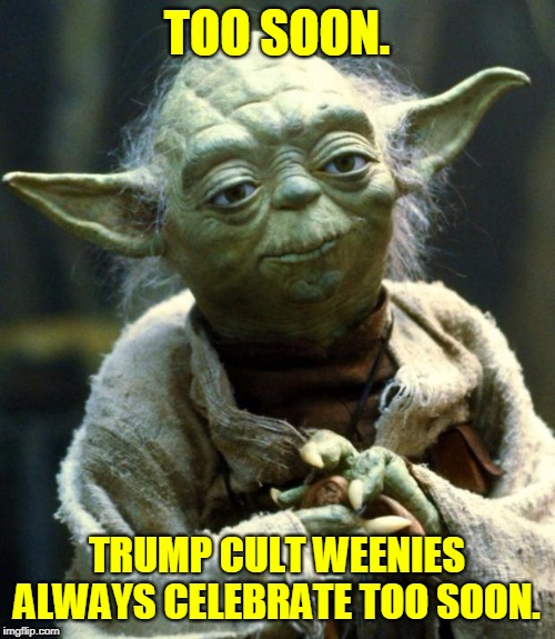 Star Wars Yoda Meme | TOO SOON. TRUMP CULT WEENIES ALWAYS CELEBRATE TOO SOON. | image tagged in memes,star wars yoda | made w/ Imgflip meme maker