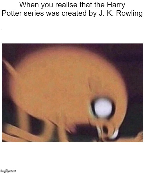 ANGRY JAKE | When you realise that the Harry Potter series was created by J. K. Rowling | image tagged in angry jake | made w/ Imgflip meme maker