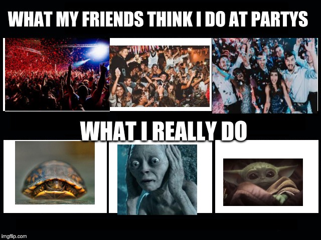 if you're an introvert like me you will get what I mean | WHAT MY FRIENDS THINK I DO AT PARTYS; WHAT I REALLY DO | image tagged in what my friends think i do | made w/ Imgflip meme maker