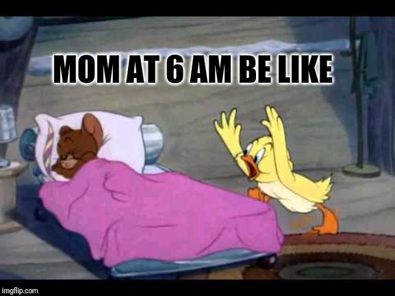 MOM AT 6 AM BE LIKE | image tagged in funny,tom and jerry,ducks,cartoons,mother,love | made w/ Imgflip meme maker
