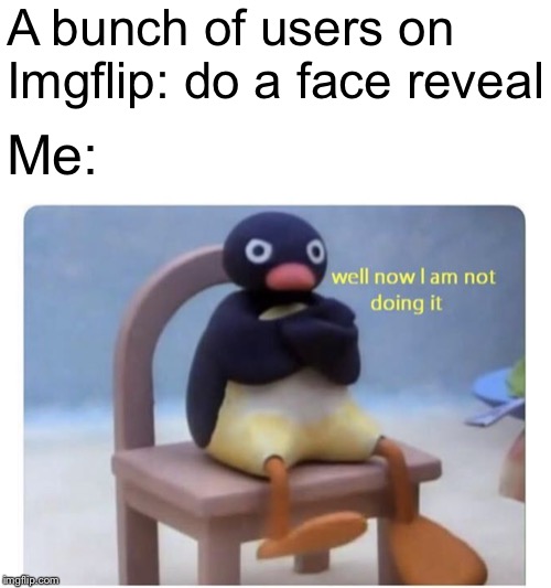 Maybe at 100,000 points? | A bunch of users on Imgflip: do a face reveal; Me: | image tagged in well now i am not doing it | made w/ Imgflip meme maker