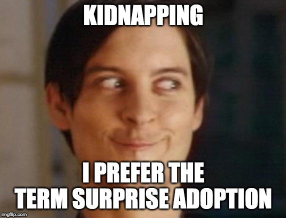 Spiderman Peter Parker Meme | KIDNAPPING; I PREFER THE TERM SURPRISE ADOPTION | image tagged in memes,spiderman peter parker | made w/ Imgflip meme maker