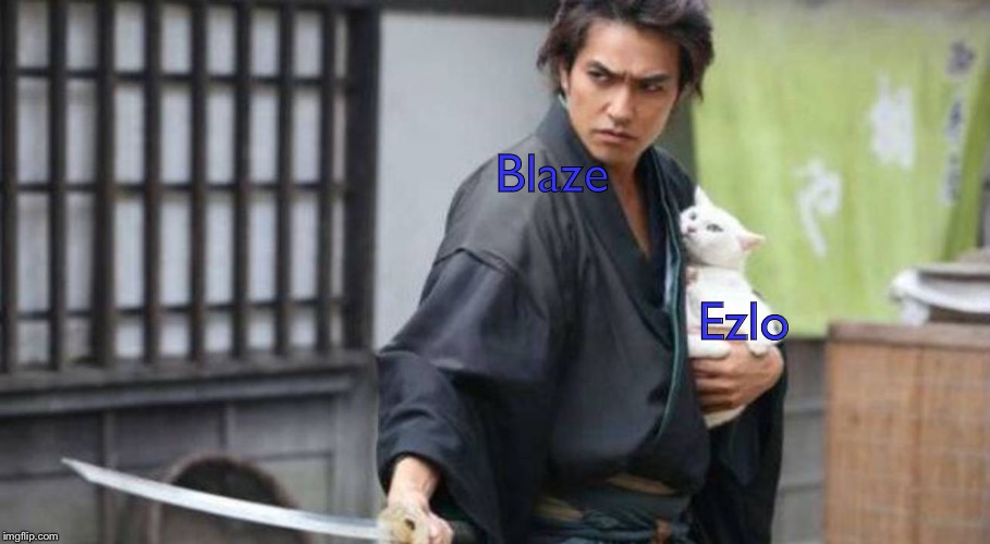 Blaze in a nutshell *note every 3 days i might do this type of thing | Blaze; Ezlo | image tagged in samurai protecting cat | made w/ Imgflip meme maker