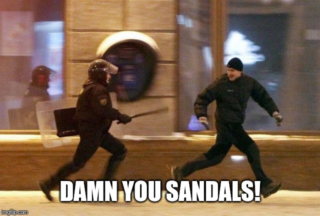 Police Chasing Guy | DAMN YOU SANDALS! | image tagged in police chasing guy | made w/ Imgflip meme maker