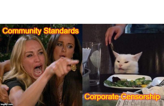 FREE SPEECH WILL COST YOU | Community Standards; Corporate Censorship | image tagged in woman yelling at cat,community standards,censorship,facebook jail,mark zuckerberg,shapeshifting lizard | made w/ Imgflip meme maker