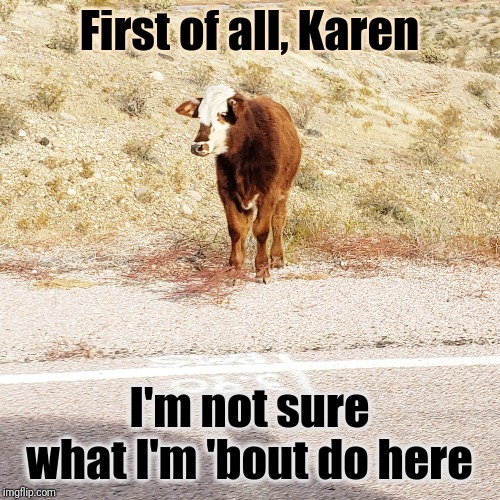 Why did the cow cross the road? | First of all, Karen; I'm not sure what I'm 'bout do here | image tagged in memes,funny,cow,karen,bad jokes | made w/ Imgflip meme maker
