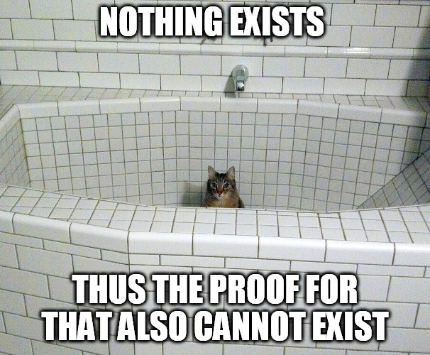 Nihilist Empty Bath Cat | NOTHING EXISTS; THUS THE PROOF FOR THAT ALSO CANNOT EXIST | image tagged in nihilist empty bath cat | made w/ Imgflip meme maker
