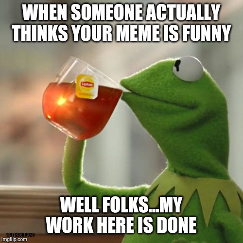 But That's None Of My Business Meme | WHEN SOMEONE ACTUALLY THINKS YOUR MEME IS FUNNY; WELL FOLKS...MY WORK HERE IS DONE; TINYGECKO920 | image tagged in memes,but thats none of my business,kermit the frog | made w/ Imgflip meme maker