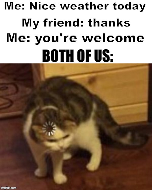 Loading cat | Me: Nice weather today; My friend: thanks; Me: you're welcome; BOTH OF US: | image tagged in loading cat | made w/ Imgflip meme maker