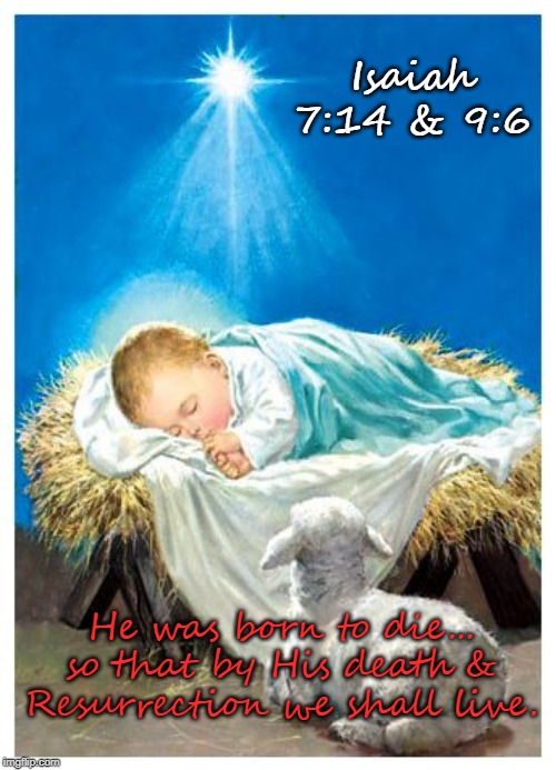Philippians 2:6-8  Merry Christmas, Everyone! | Isaiah 7:14 & 9:6; He was born to die... so that by His death & Resurrection we shall live. | image tagged in baby jesus,christmas,memes,christ,jesus,sacrifice | made w/ Imgflip meme maker