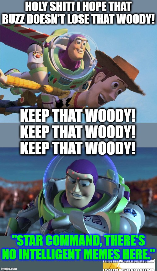 Keep That Woody | HOLY SHIT! I HOPE THAT BUZZ DOESN'T LOSE THAT WOODY! KEEP THAT WOODY! KEEP THAT WOODY! KEEP THAT WOODY! "STAR COMMAND, THERE'S NO INTELLIGENT MEMES HERE." | image tagged in buzzlightyears,buzz lightyear and woody flying | made w/ Imgflip meme maker