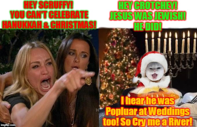 HEY SCRUFFY! 
YOU CAN'T CELEBRATE
HANUKKAH & CHRISTMAS! HEY CROTCHEY!
JESUS WAS JEWISH!
HE DID! I hear he was
Popluar at Weddings
too! So Cry me a River! | made w/ Imgflip meme maker