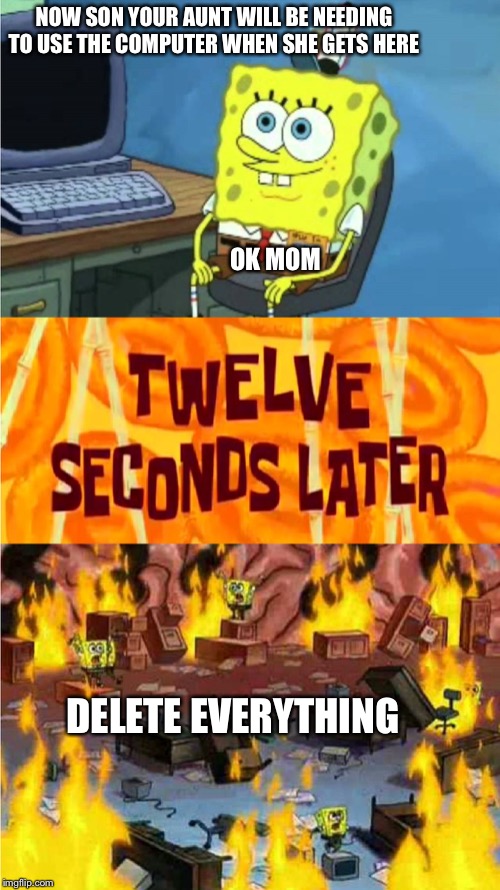 spongebob office rage | NOW SON YOUR AUNT WILL BE NEEDING TO USE THE COMPUTER WHEN SHE GETS HERE; OK MOM; DELETE EVERYTHING | image tagged in spongebob office rage | made w/ Imgflip meme maker