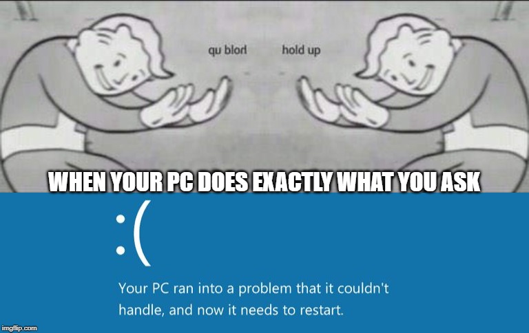 suspended | WHEN YOUR PC DOES EXACTLY WHAT YOU ASK | image tagged in windows error,fallout hold up,funny | made w/ Imgflip meme maker