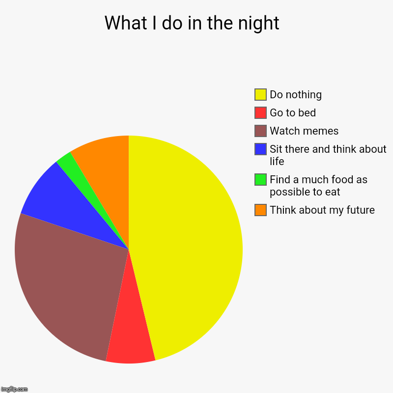 What I do in the night  | Think about my future , Find a much food as possible to eat, Sit there and think about life, Watch memes , Go to b | image tagged in charts,pie charts | made w/ Imgflip chart maker