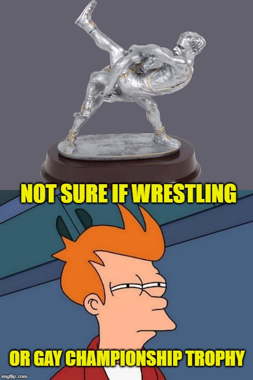 looks disgusting | NOT SURE IF WRESTLING; OR GAY CHAMPIONSHIP TROPHY | image tagged in not sure if- fry,memes,funny memes,gay | made w/ Imgflip meme maker
