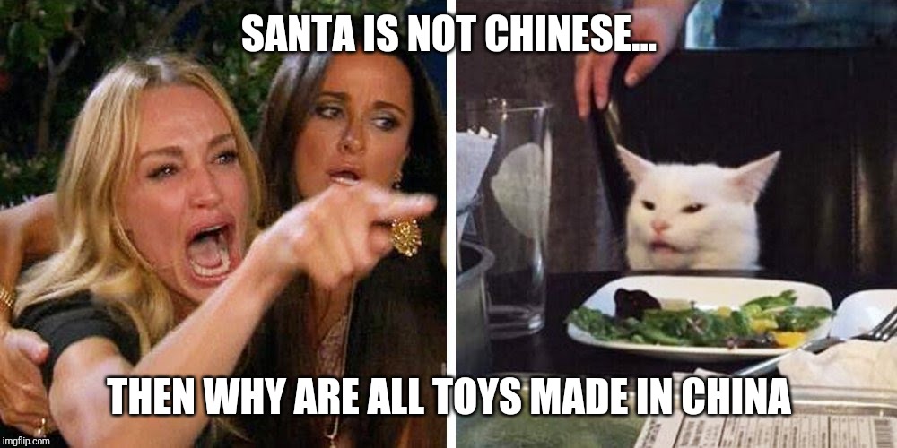 Smudge the cat | SANTA IS NOT CHINESE... THEN WHY ARE ALL TOYS MADE IN CHINA | image tagged in smudge the cat | made w/ Imgflip meme maker