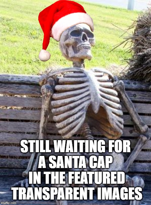 Not that I've asked for it before, it should be a given. | STILL WAITING FOR
A SANTA CAP
 IN THE FEATURED
 TRANSPARENT IMAGES | image tagged in memes,waiting skeleton,imgflip,santa cap | made w/ Imgflip meme maker