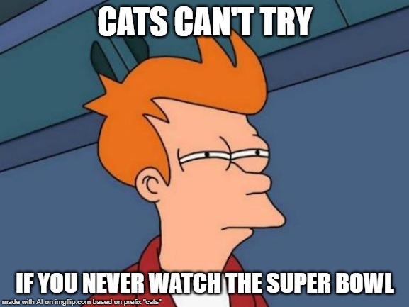 Futurama Fry | CATS CAN'T TRY; IF YOU NEVER WATCH THE SUPER BOWL | image tagged in memes,futurama fry | made w/ Imgflip meme maker