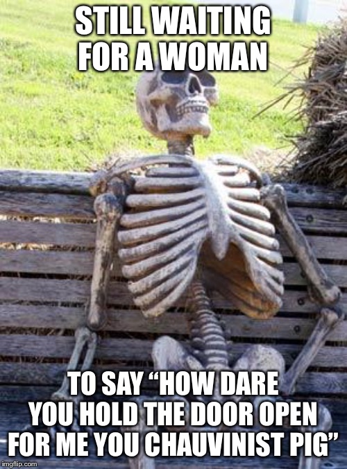 Waiting Skeleton | STILL WAITING FOR A WOMAN; TO SAY “HOW DARE YOU HOLD THE DOOR OPEN FOR ME YOU CHAUVINIST PIG” | image tagged in memes,waiting skeleton | made w/ Imgflip meme maker