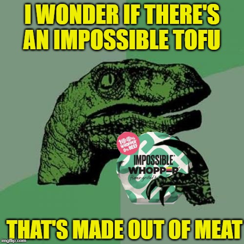 Impossible | I WONDER IF THERE'S AN IMPOSSIBLE TOFU; THAT'S MADE OUT OF MEAT | image tagged in memes,philosoraptor,vegan,burger king,funny memes,impossible | made w/ Imgflip meme maker