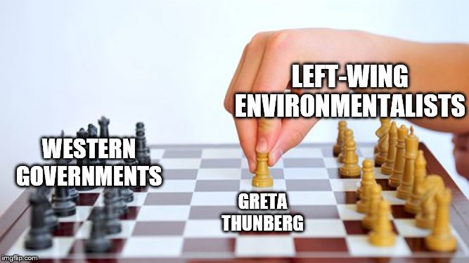 The Truth about Greta (part 1) | LEFT-WING ENVIRONMENTALISTS; WESTERN GOVERNMENTS; GRETA THUNBERG | image tagged in chess first move,memes,climate change,ecofascist greta thunberg,pawn,manipulation | made w/ Imgflip meme maker