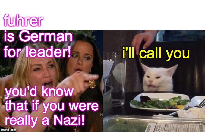Woman Yelling At Cat Meme | fuhrer is German for leader! you'd know that if you were really a Nazi! i'll call you | image tagged in memes,woman yelling at cat | made w/ Imgflip meme maker