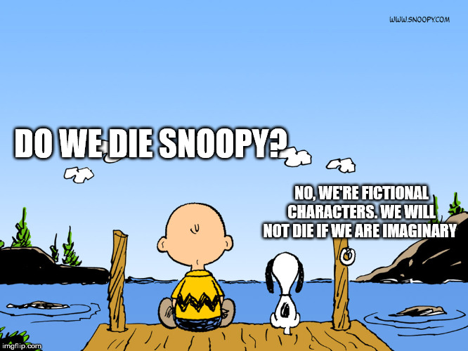 Charlie brown  | DO WE DIE SNOOPY? NO, WE'RE FICTIONAL CHARACTERS. WE WILL NOT DIE IF WE ARE IMAGINARY | image tagged in charlie brown | made w/ Imgflip meme maker